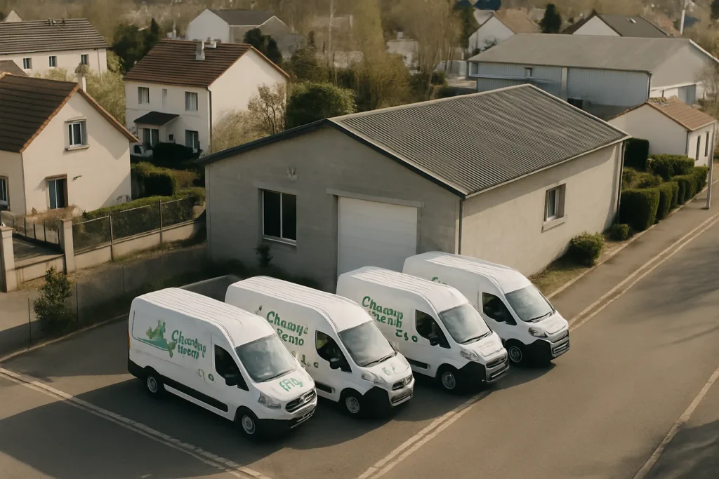Vue aérienne d'une petite entreprise de nettoyage dans le Val-d'Oise, avec bâtiments environnants.