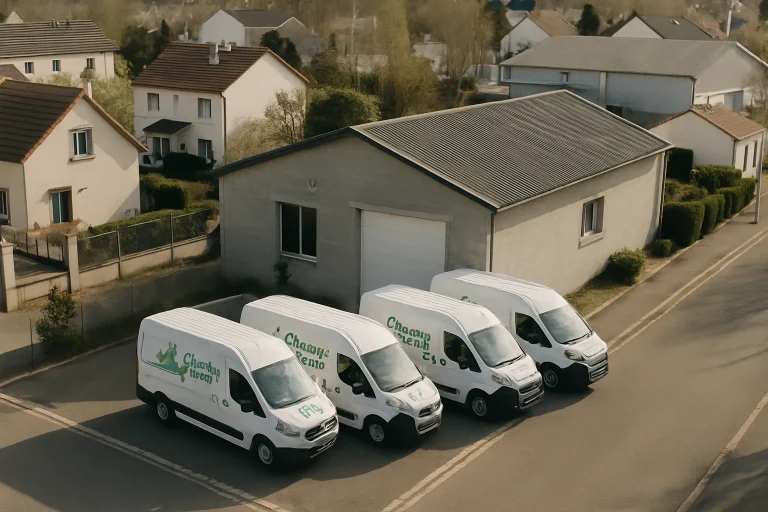 Vue aérienne d'une petite entreprise de nettoyage dans le Val-d'Oise, avec bâtiments environnants.