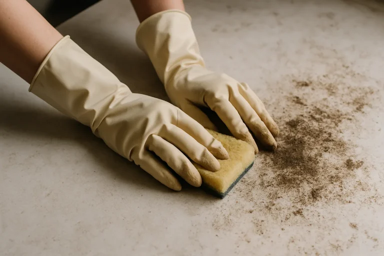 Mains avec gants nettoyant une surface sale, lumière neutre, textures visibles