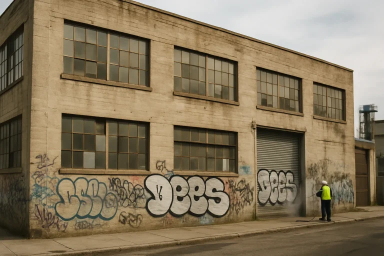 Façade d'un immeuble industriel usé avec graffitis, lumière du jour, personnel de nettoyage.