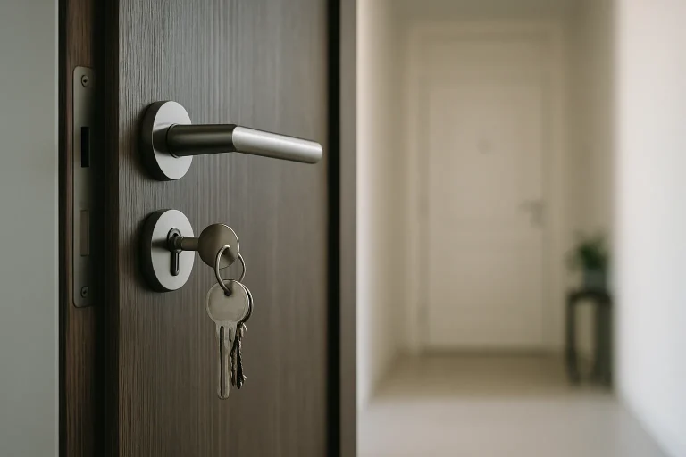 Porte d'entrée d'appartement avec clés dans la serrure, lumière du jour