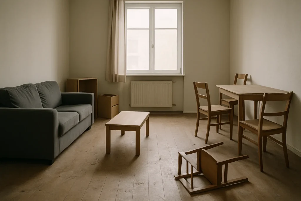 Appartement vide avec traces de saleté au sol et meubles déplacés après expulsion.