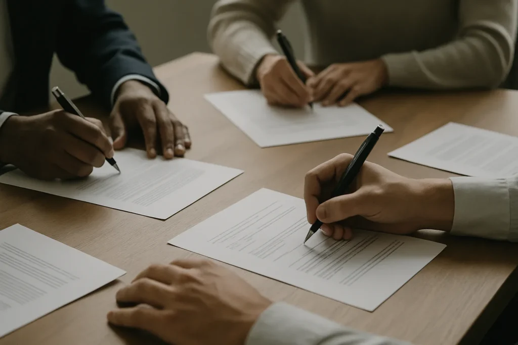 Mains de plusieurs personnes signant des documents de nettoyage sur une table