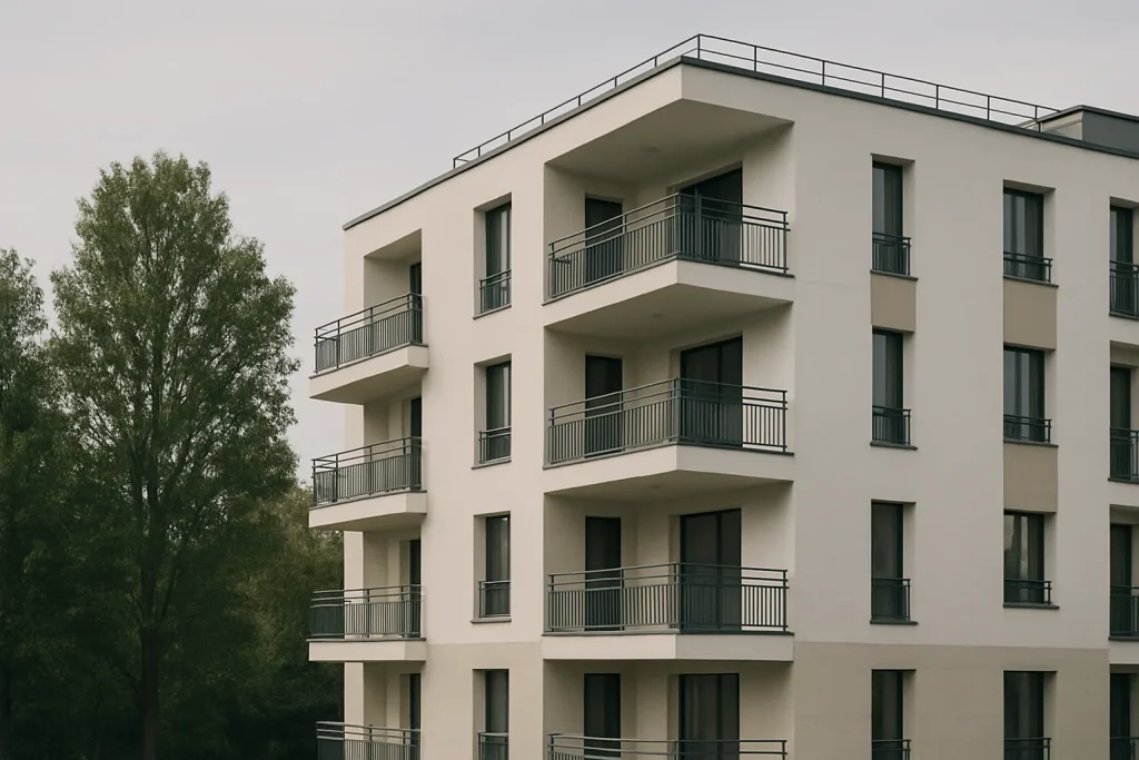 Façade d'un immeuble résidentiel dans le Val-d’Oise, éclairée par la lumière du jour.
