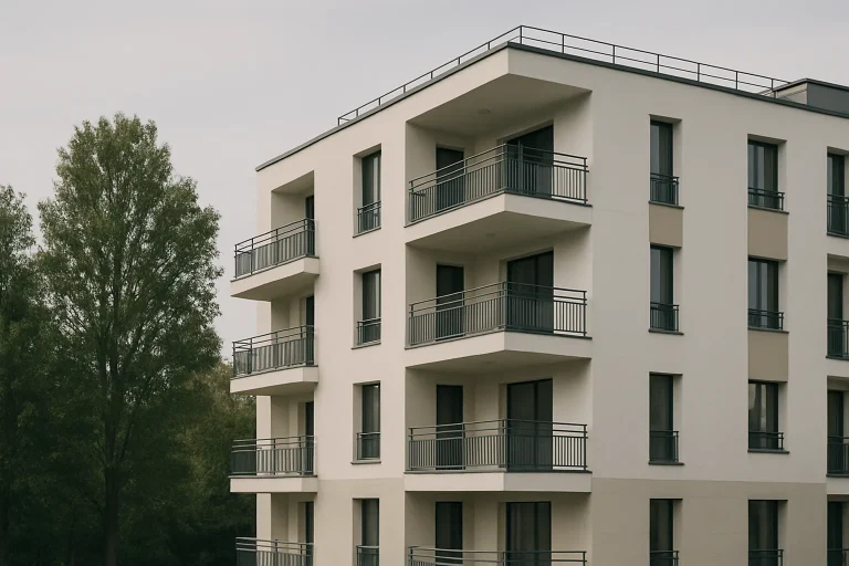 Façade d'un immeuble résidentiel dans le Val-d’Oise, éclairée par la lumière du jour.
