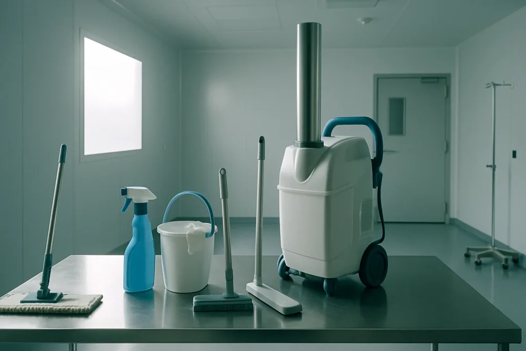 Pièce avec équipements de désinfection, lumière intense, outils sur table