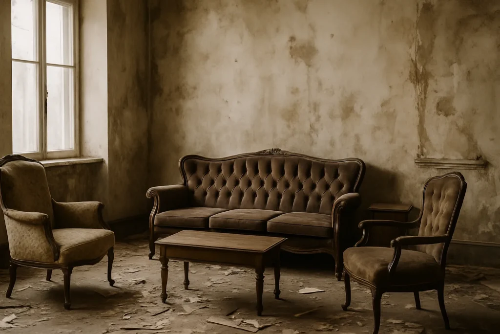 Salon délabré avec meubles anciens et murs tachés, sous lumière douce