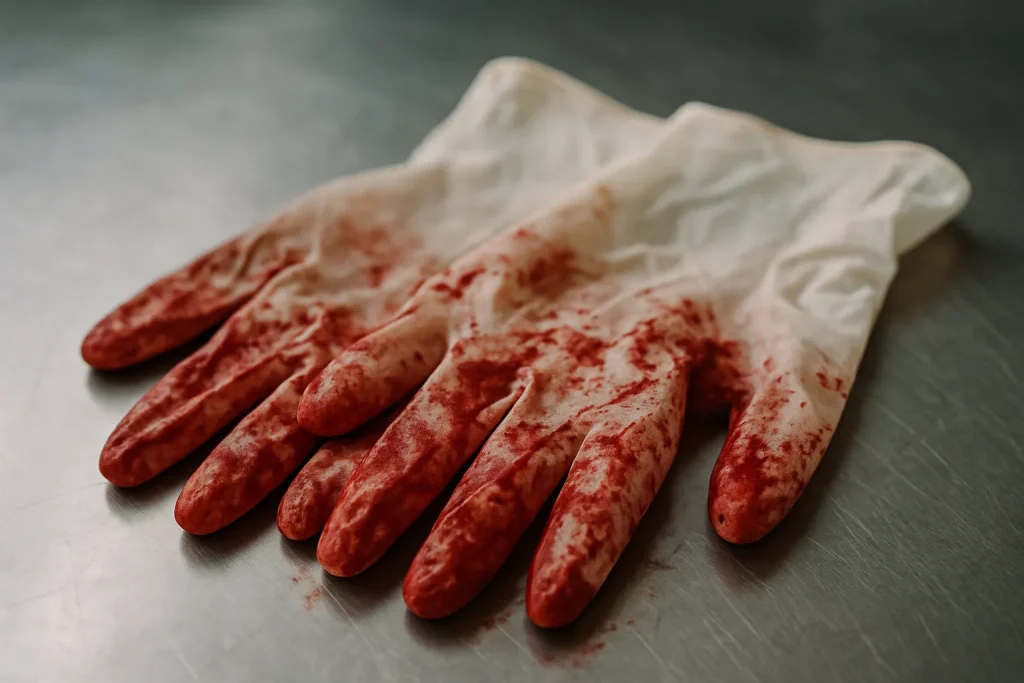 Gros plan sur des gants ensanglantés sur une surface métallique