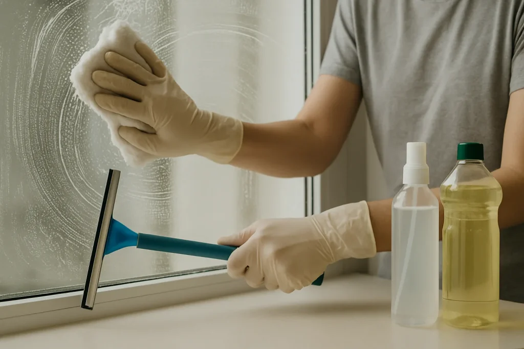 Mains nettoyant une surface vitrée avec des outils, lumière neutre, détails de la texture.