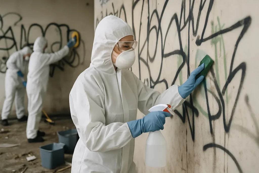 Professionnels nettoyant des murs graffités dans un espace post-squat en désordre.