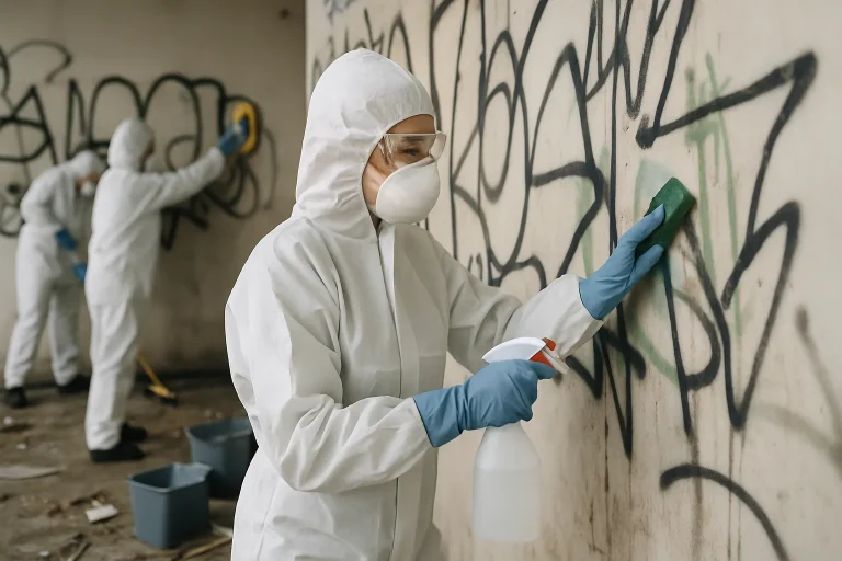 Professionnels nettoyant des murs graffités dans un espace post-squat en désordre.