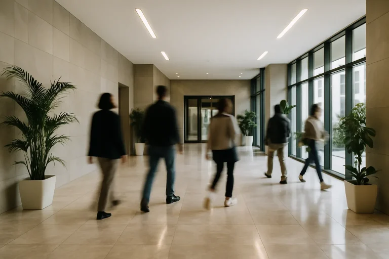 Hall d'immeuble moderne avec sols en marbre, silhouettes de personnes, lumière naturelle