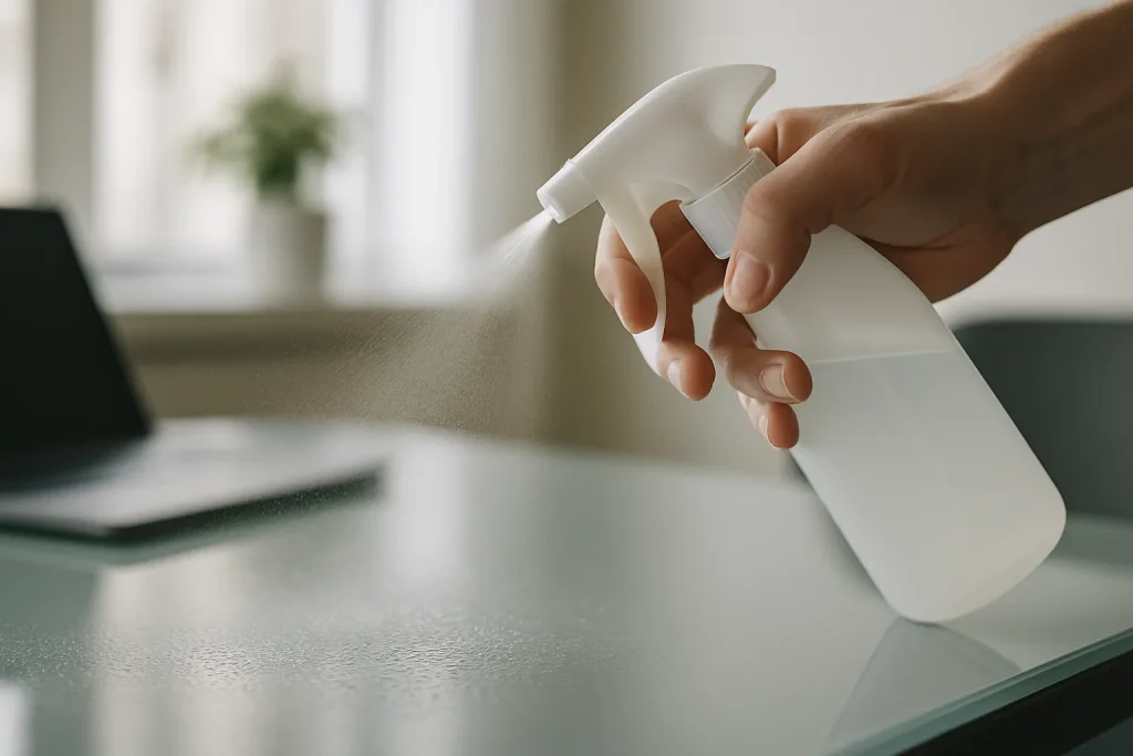 Spray désinfectant pulvérisé sur un bureau en verre avec des gouttelettes visibles.