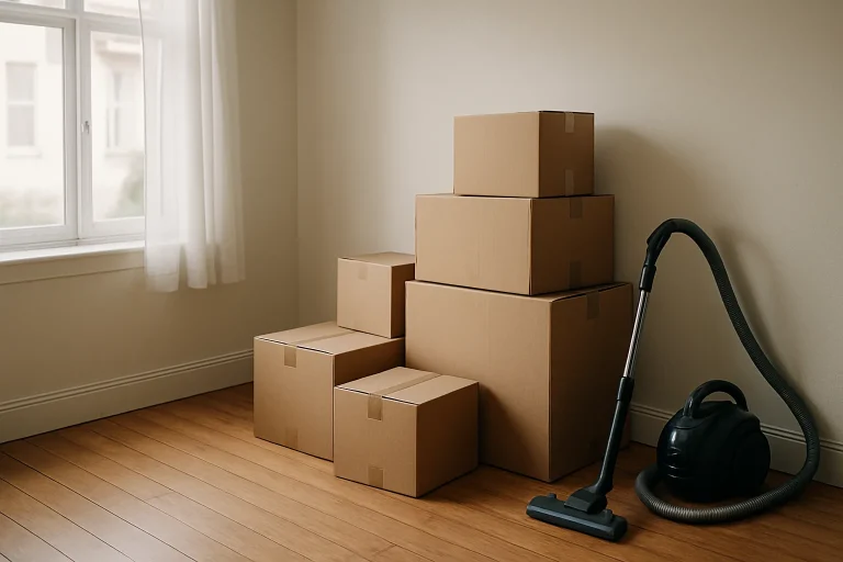 Pièce avec cartons, aspirateur dans un coin, lumière douce.