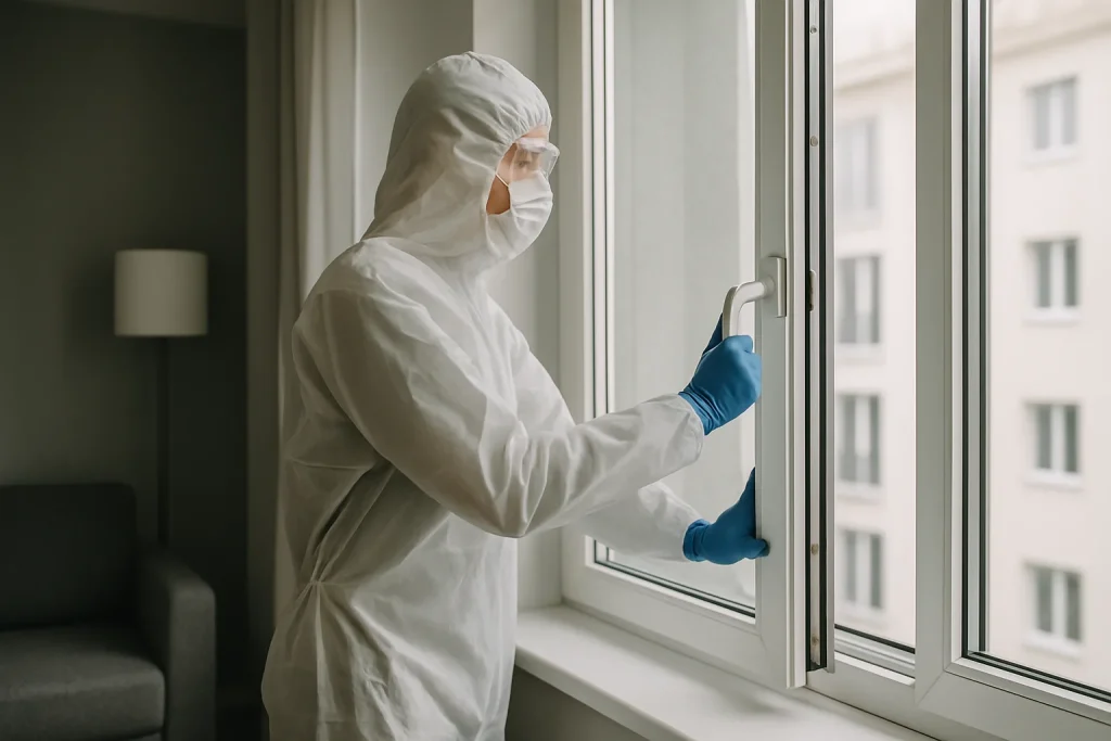 Technicien en protection ouvrant une fenêtre dans un appartement moderne
