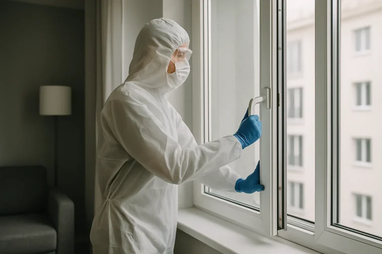 Technicien en protection ouvrant une fenêtre dans un appartement moderne