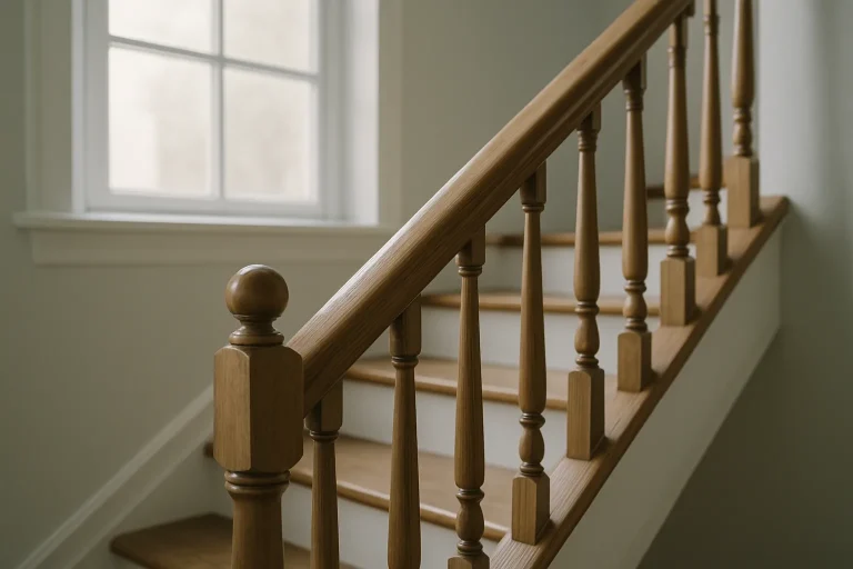 Gros plan sur un escalier d'immeuble propre avec rampe en bois, lumière douce