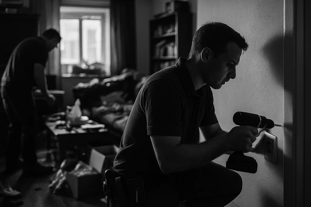 Techniciens en action dans un appartement encombré, ambiance urgente