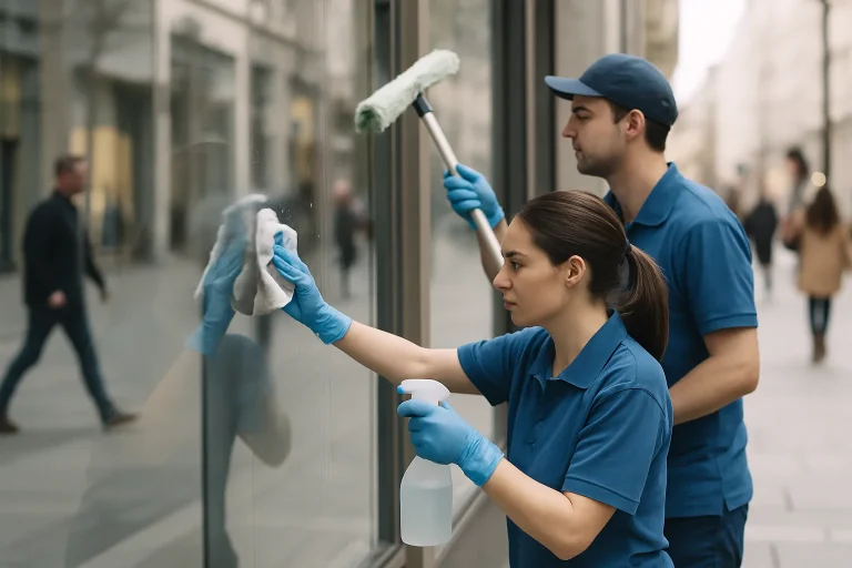 Deux agents de nettoyage en uniforme bleu nettoient une vitrine en centre-ville le week-end