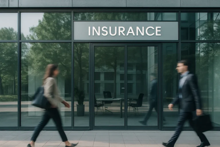 Façade moderne d'un bureau d'assurance avec des personnes floues passant devant