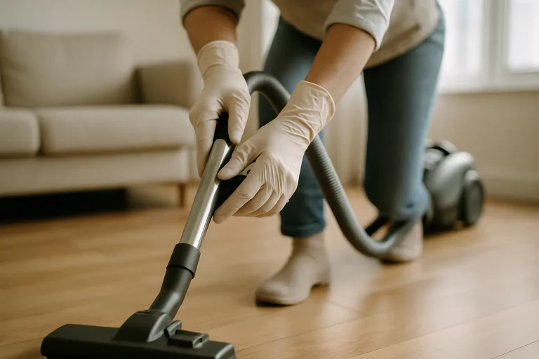 Mains gantées utilisant un aspirateur sur du parquet dans un salon lumineux