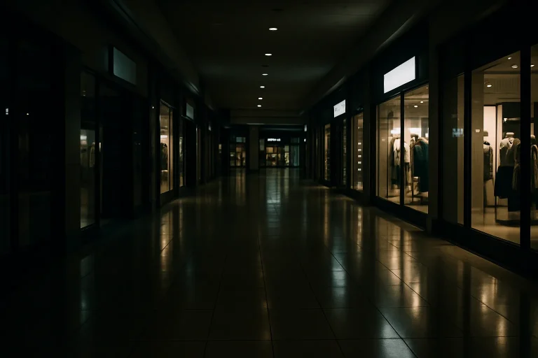Galerie commerciale de nuit avec lumières artificielles et sol brillant