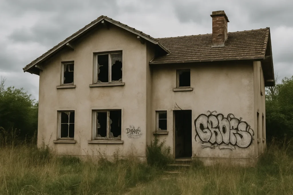 Maison délabrée avec fenêtres brisées et graffitis, vue extérieure
