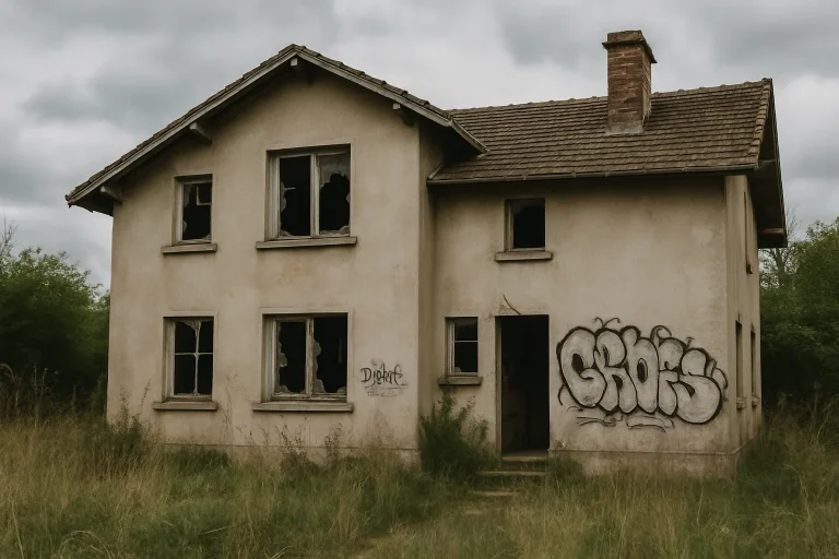 Maison délabrée avec fenêtres brisées et graffitis, vue extérieure