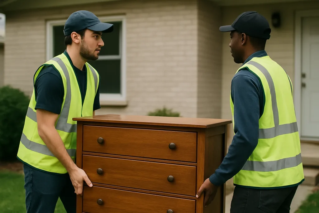 Deux travailleurs transportant une commode lors d'un débarras de succession.