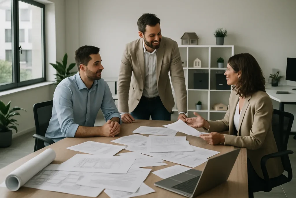 Vue d'une agence immobilière moderne avec employés discutant autour d'une table
