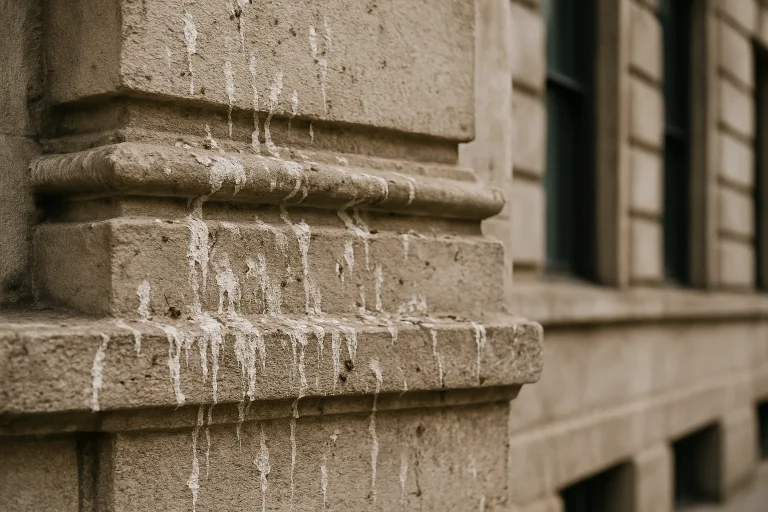 Gros plan de fientes de pigeon sur une façade en pierre, accent sur la texture