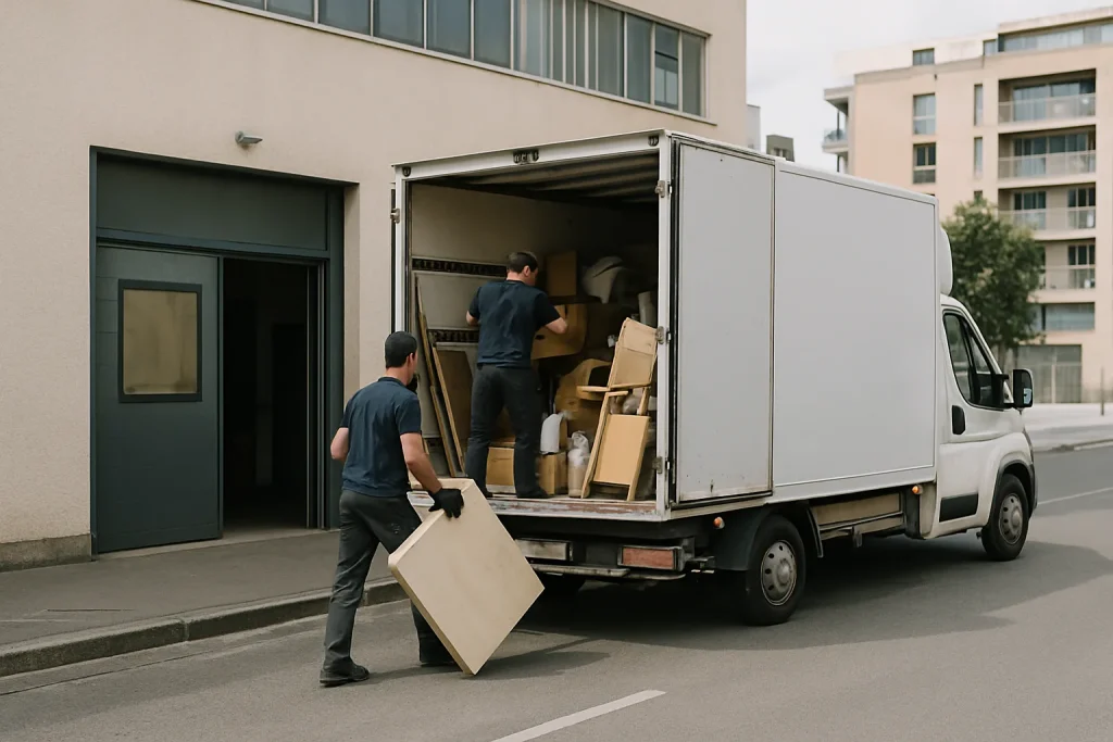 Camion de débarras en cours de chargement par des employés en ville, lumière du jour