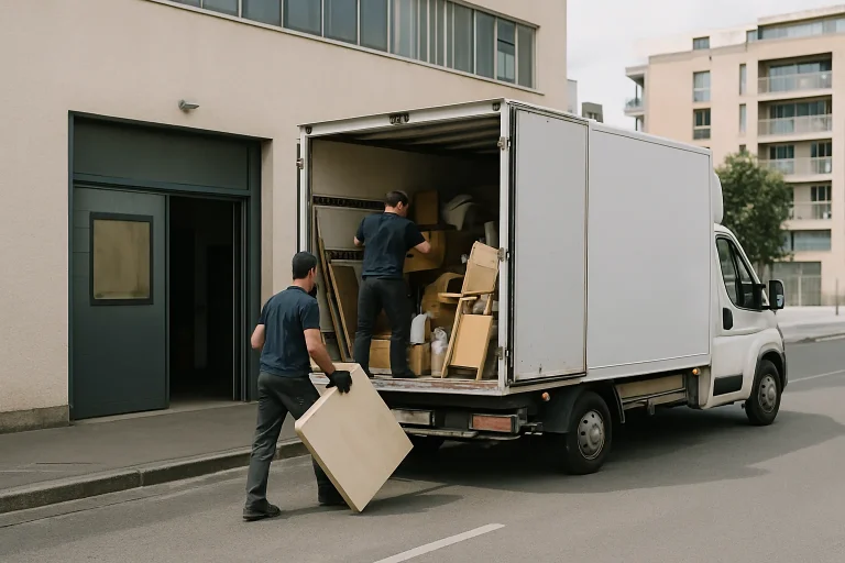 Camion de débarras en cours de chargement par des employés en ville, lumière du jour